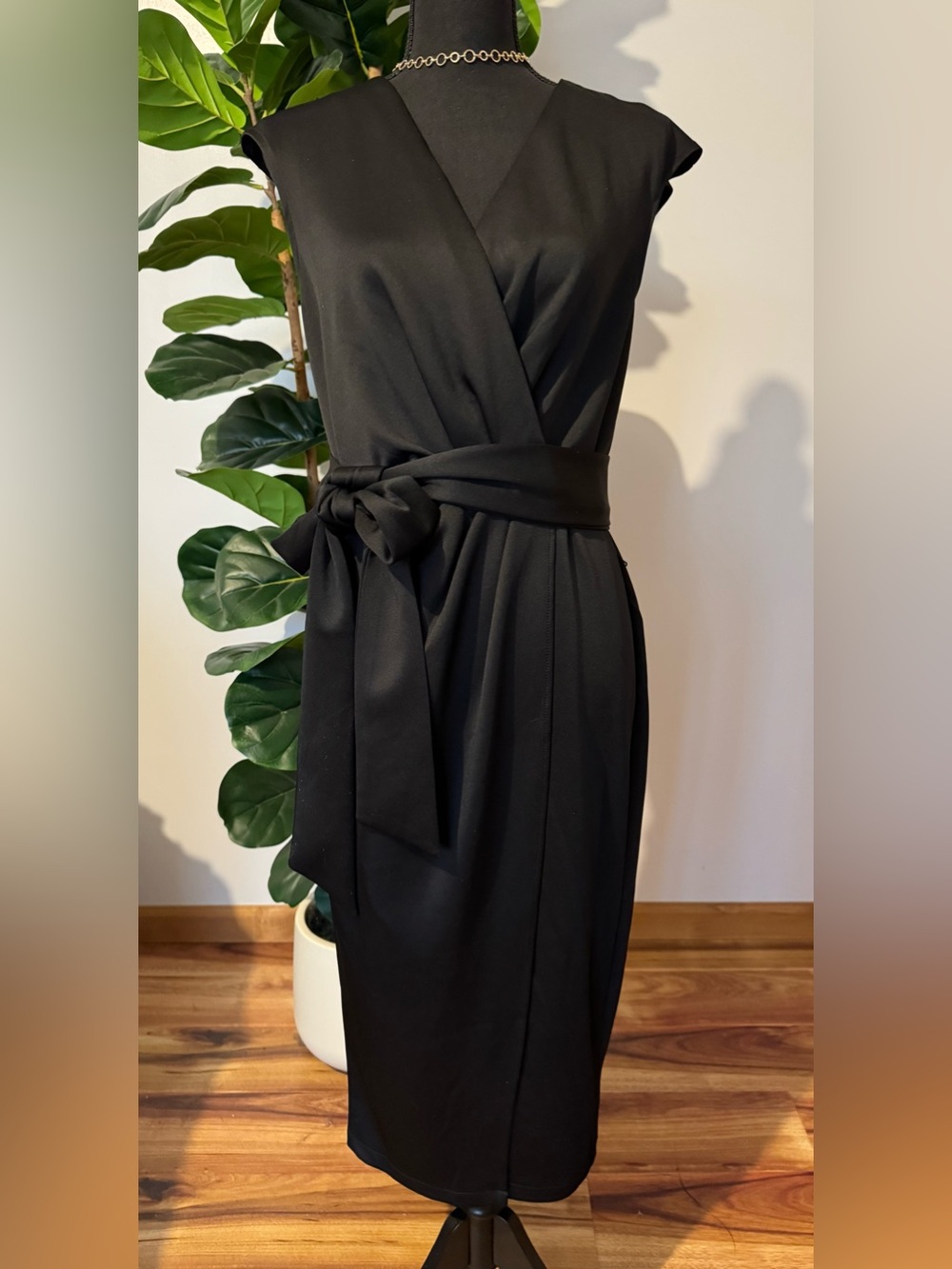 New York & Company Black Midi Wrap Dress with Waist Sash